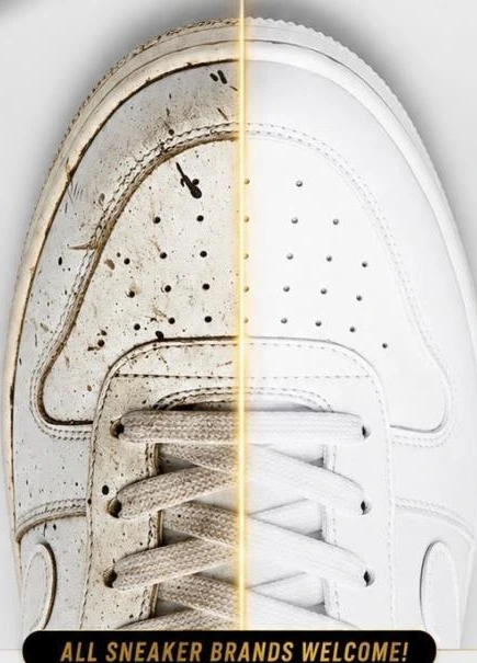 A sneaker shown half dirty and half professionally cleaned